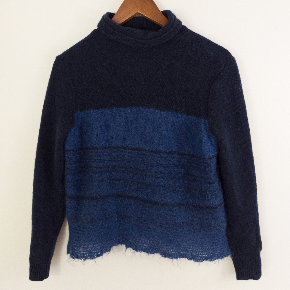 Rebecca Taylor Wool Mohair Cashmere Colorblock Turtleneck Sweater Navy Small